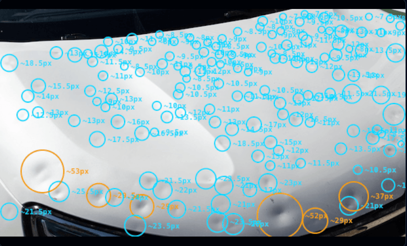 Hail damage detection inference output mapping dents with size estimates